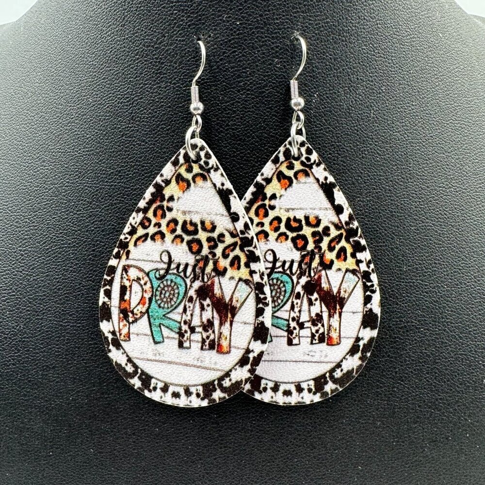 3/$30  Just Pray Earrings Teardrop Vinyl Animal Print Leopard Boho Faith 2.5"